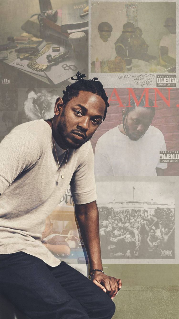 kendrick lamar sitting in front of a wall filled with his album covers.